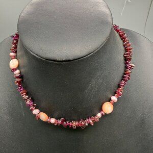 Garnet & Shell Chip Beaded Necklace With Magnetic Clasp 16" Length